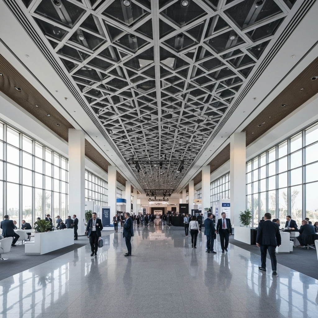 Expo floor with booths and attendees at Dubai World Trade Centre